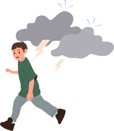 Stressed boy child afraid of thunderstorm running away from lightning bolt  Illustration