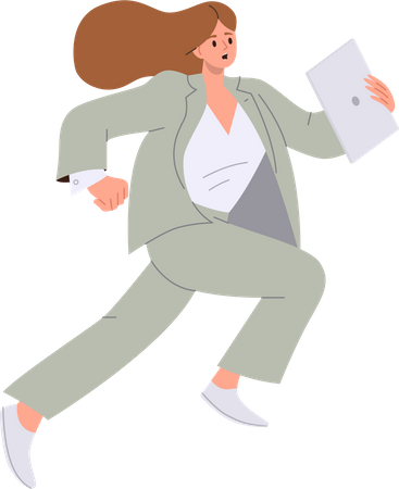 Stressed business woman holding laptop computer running fast  Illustration