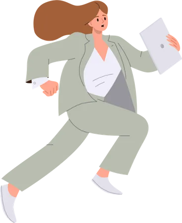 Stressed Business Woman Character Holding Laptop Computer Running Fast Isolated On White Flat Cartoon Female Office Worker Rushing Vector Illustration Deadline Work Late Career Challenge Concept Illustration