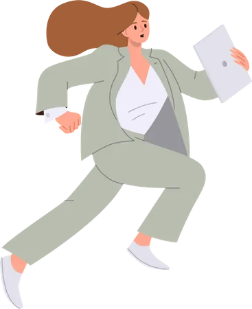 Stressed business woman holding laptop computer running fast  Illustration