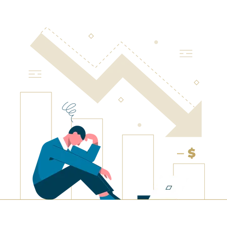 Business People Depressed And Stressed Upset Sitting On Ground With Laptop Stock Financial Trade Market Diagram Vector Illustration Flat Design Isolated On White Background Declining Graph Downward Arrow Illustration