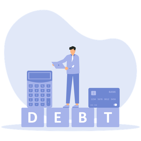 Stressed businessman holding long paper while standing on debt word  Illustration