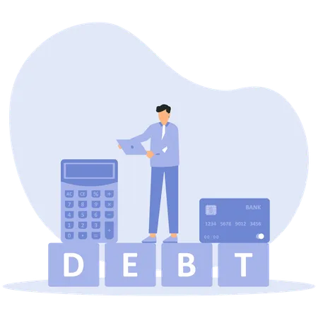 Stressed businessman holding long paper while standing on debt word  Illustration