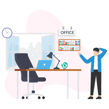 Stressed businessman pointing at full archive shelves in office  Illustration