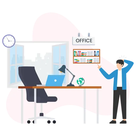 Stressed businessman pointing at full archive shelves in office  Illustration