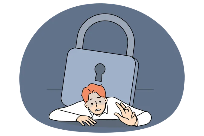 Stressed businessman pressed under heavy lock  Illustration