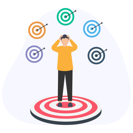 Stressed businessman standing on target with hands on head  Illustration