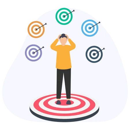 Stressed businessman standing on target with hands on head  Illustration