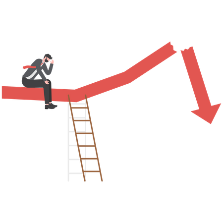 Stressed businessman with broken down statistic arrow falling down  Illustration