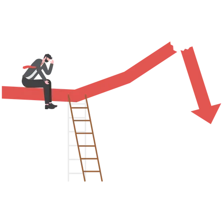 Stressed businessman with broken down statistic arrow falling down  Illustration