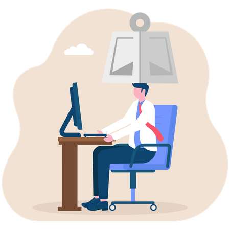 Stressed businessman working at his office desk with metal weight on his head  Illustration