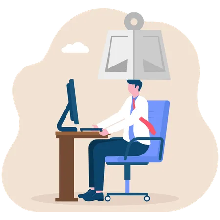 Stressed businessman working at his office desk with metal weight on his head  Illustration