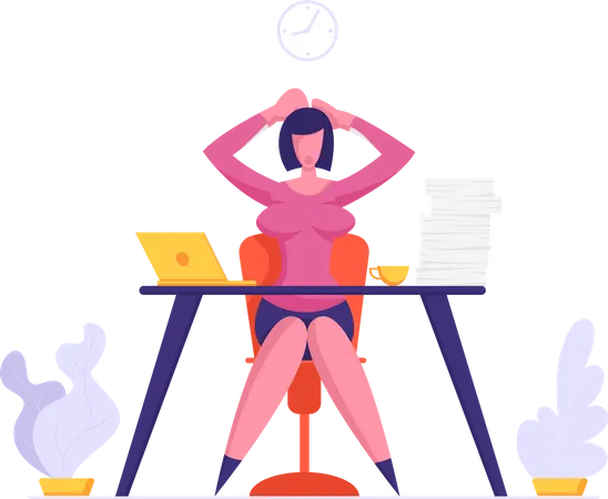 Business Woman Holding Head With Hands Sitting At Workplace With Documents Heap Loaded With Hard Work In Office Multitasking Deadline And Time Management Concept Cartoon Flat Vector Illustration イラスト