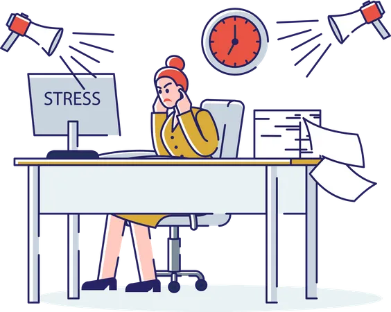 Stressed Businesswoman On Workplace Overloaded Female Office Worker Overworked And Busy With Tasks And Deadlines Tired Annoyed Secretary Or Manager Linear Vector Illustration Illustration