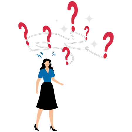 Stressed businesswoman holding his head with many question marks with messy question signs  Illustration