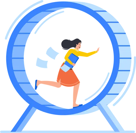 Stressed Businesswoman Running in Hamster Wheel  Illustration