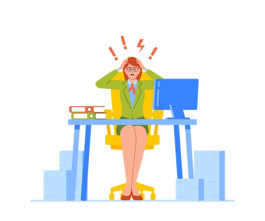 Stressed Businesswoman Sitting with Flashes and Exclamation Marks over Head  Illustration
