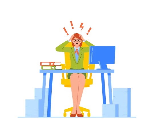 Stress Deadline Problem At Work Concept Stressed Businesswoman Sitting With Flashes And Exclamation Marks Over Head Overloaded Employee With Documents Mess On Desk Cartoon Vector Illustration Illustration