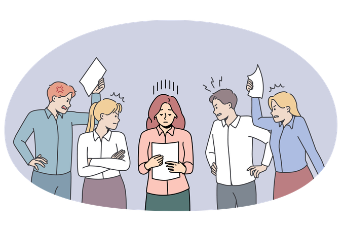 Stressed businesswoman surrounded by demanding colleagues  Illustration