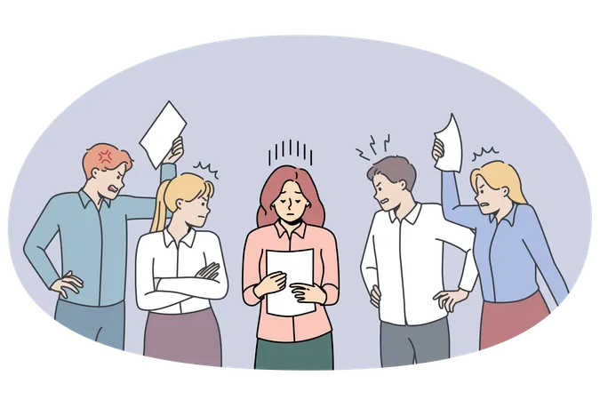 Stressed businesswoman surrounded by demanding colleagues  Illustration
