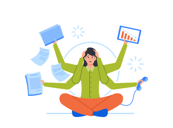 Stressed Businesswoman With Many Arms  Illustration