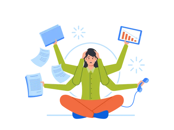Multitasking Deadline Time Management Concept Stressed Businesswoman With Many Arms Sitting In Yoga Lotus Position Doing Many Tasks At The Same Time In Office Cartoon People Vector Illustration Illustration