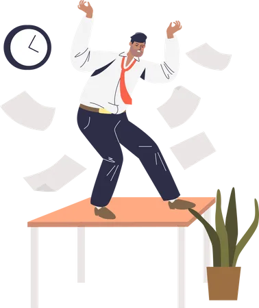 Stressed Furious Businessman Throwing Papers And Standing On Office Desk Stress At Work Concept Professional Burnout And Overwork Cartoon Vector Illustration イラスト