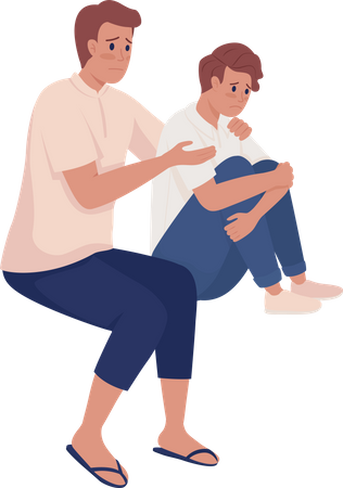 Stressed father and son sitting together Illustration