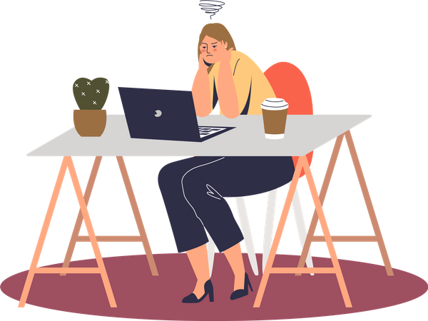 Stressed female worker thinking on problem solution on workplace Illustration