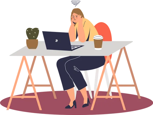 Stressed Young Female Worker Workaholic Pensive Thinking On Problem Solution On Workplace Looking Angry At Laptop Monitor Stress At Work Concept Cartoon Flat Vector Illustration Illustration