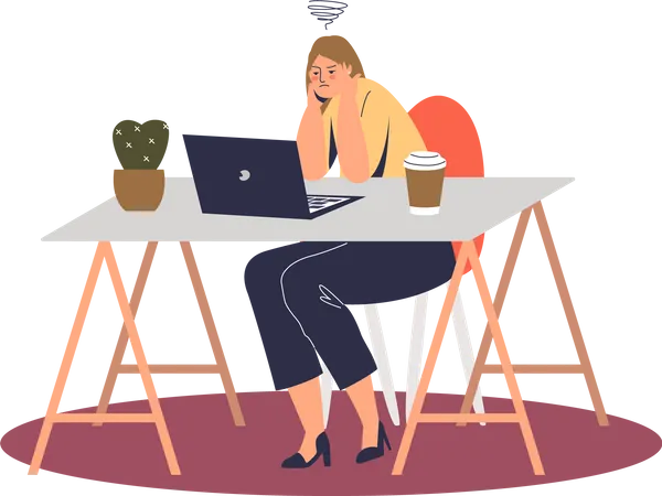 Stressed female worker thinking on problem solution on workplace  Illustration