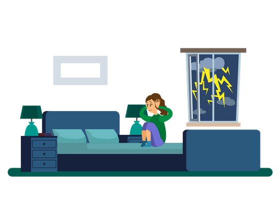 Stressed girl covers ears with hands sitting at home  Illustration