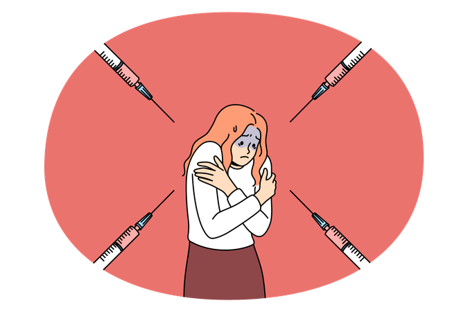 Stressed girl standing feeling panic covering shoulders with syringe pointing at her  Illustration