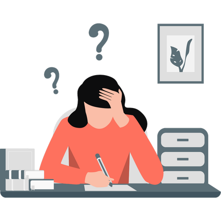 Stressed girl trying to solve question  Illustration