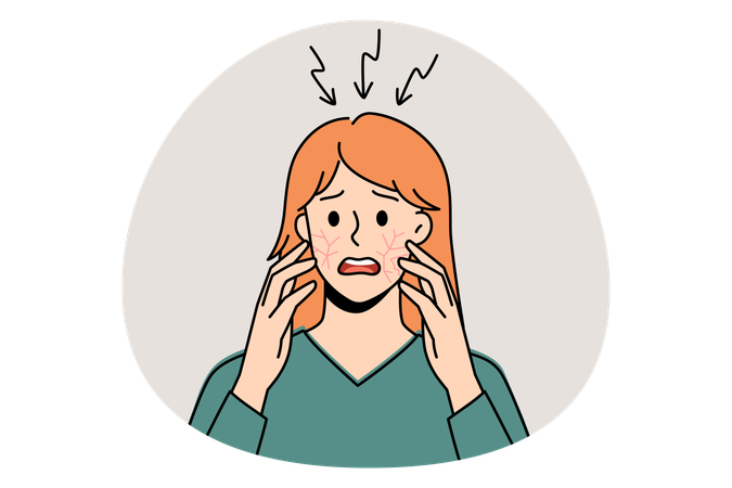 ストレスでイライラした女性が立っていて、頬と頭皮がかゆくなり、健康上の問題を感じている  イラスト