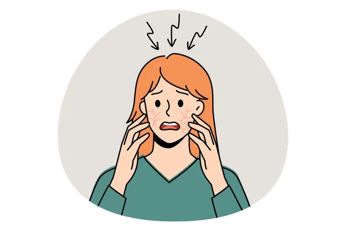ストレスでイライラした女性が立っていて、頬と頭皮がかゆくなり、健康上の問題を感じている  イラスト