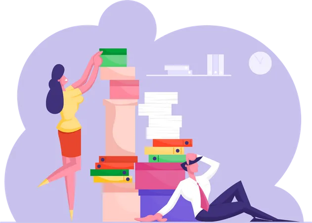 Man And Woman With Huge Heap Of Paper Documents Business People Office Employees Work In Very Busy Day Accounting Bureaucracy Manager New Job Position Deadline Cartoon Flat Vector Illustration イラスト