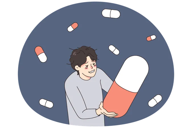 Stressed man addicted to pills and medications  Illustration
