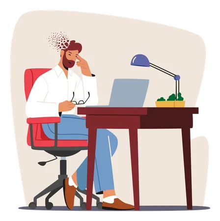 Problem At Work Burnout Depression Headache Migraine Concept Depressed Upset Business Man Character Sitting At Workplace With Head Fall Apart On Pieces Sad Man Suffer Cartoon Vector Illustration Illustration