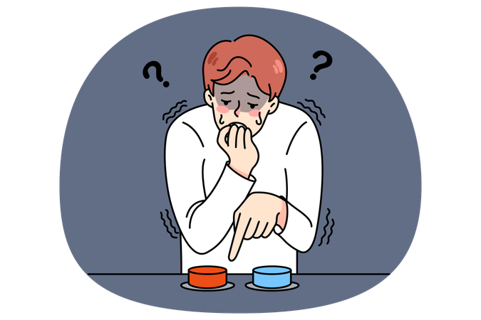 Stressed man choose what button to press  Illustration