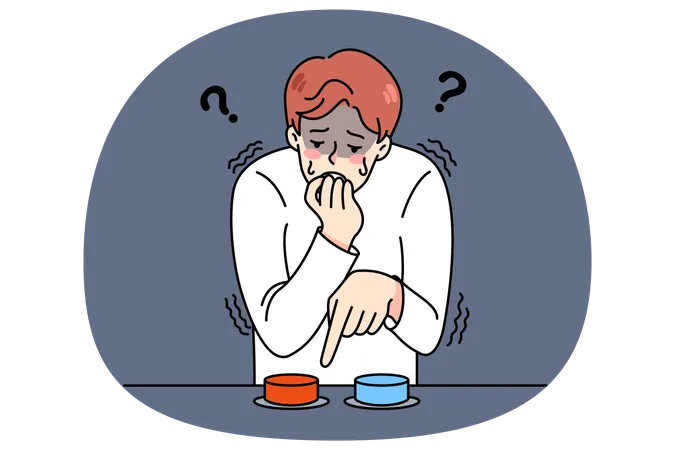 Stressed man choose what button to press  Illustration