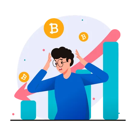Illustration Of Stressed Man Finds Out The Bitcoin Market Is Down Illustration