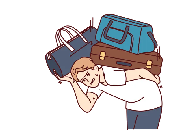 Dissatisfied Man With Heavy Suitcases Is Moving Or Relocating To New City Guy In Casual Clothes Bends Over Putting Suitcases On Back And Looks At Screen In Need Of Help From Loader Illustration