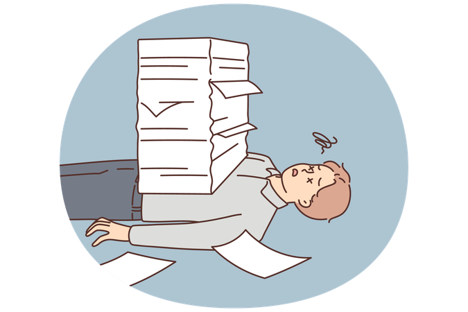 Stressed man lying under paperwork pile  Illustration