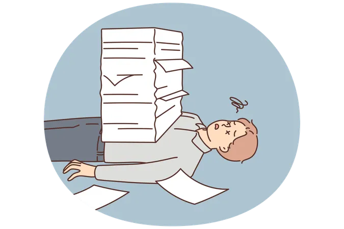 Stressed man lying under paperwork pile  Illustration