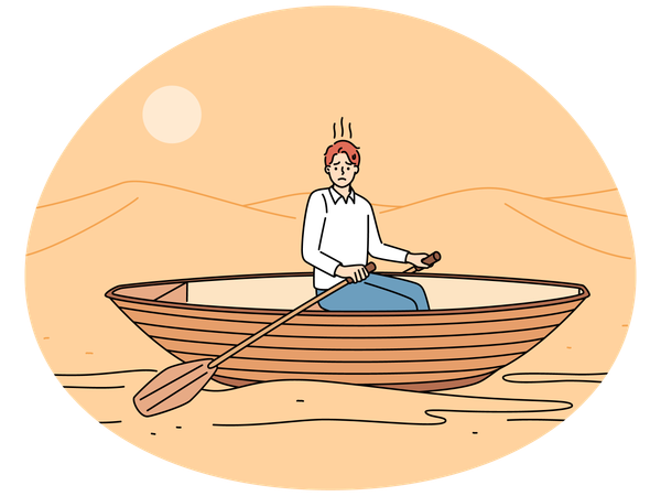 Stressed man rowing in desert  Illustration