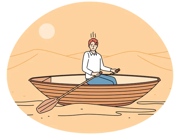 Stressed man rowing in desert  Illustration