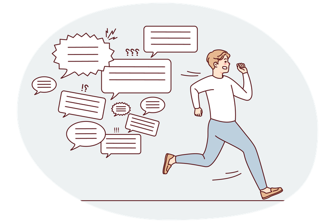 Stressed man running form message notifications  Illustration