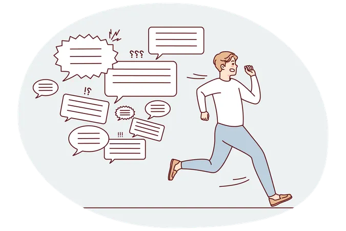 Stressed man running form message notifications  Illustration