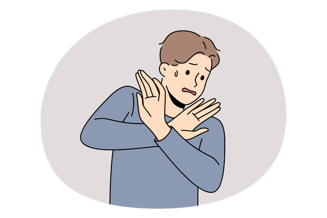 Stressed man showing stop crossed hands sign feeling no wish to do trying to prevent something  Illustration